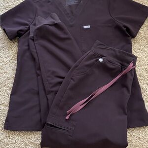 FIGS Chocolate Brown Scrub Top with Pale Rose Print